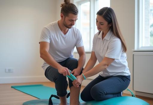Physical therapist assisting person with leg exercises on a mat for rehabilitation